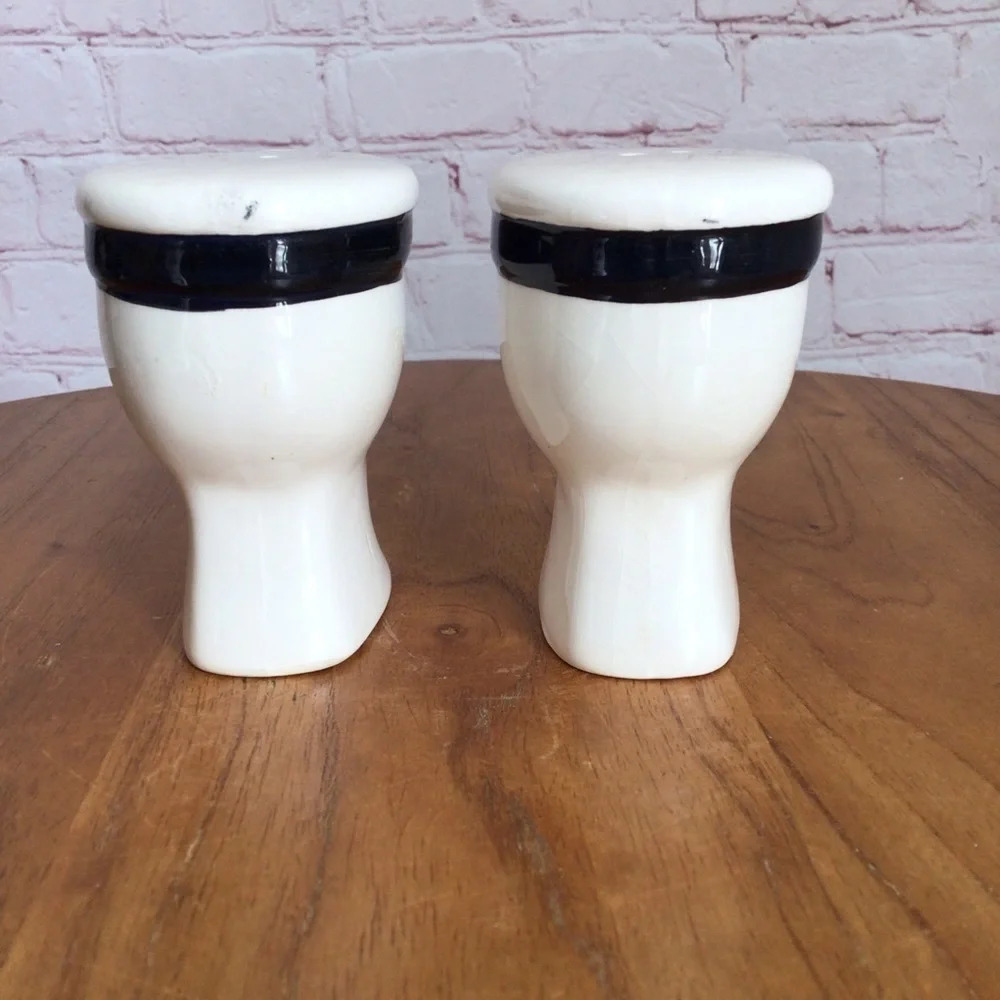 Vintage Hand Painted Black and White Ceramic Toilet Salt and Pepper Shaker Pair